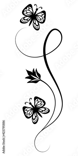 Vintage floral ornament with butterflies and flower for decoration greeting card or tattoo isolated on white background