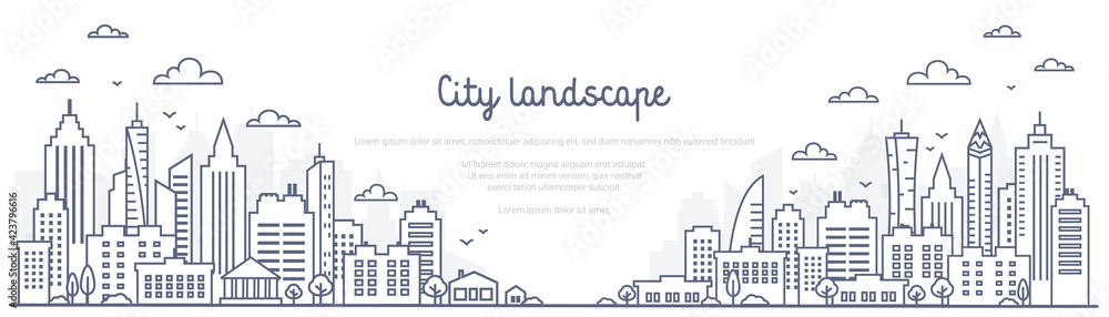 Cityscape line panorama - urban landscape in linear style on white background. Thin line vector illustration. Cityscape line panorama - urban landscape in linear style on white background. Thin line vector illustration.