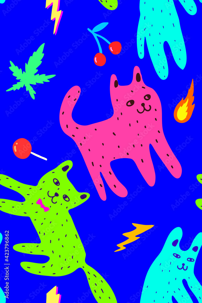 Funny face dogs and cats, decoration with weeds, lollipop, flame, thunder and cherry in neon color, hand drawn doodle style seamless pattern Funny face dogs and cats, decoration with weeds, lollipop, flame, thunder and cherry in neon color, hand drawn doodle style seamless pattern