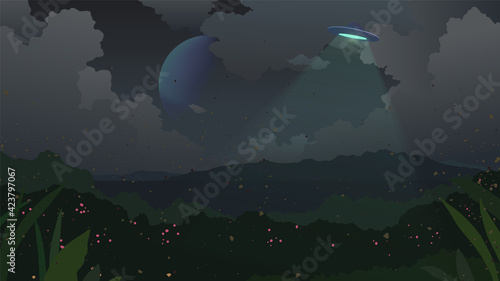 Wiild tropical jungle scene landscape with UFO passing by, dark night cloudy sky and big blue planet, fantasy lost in the wood vibe illustration