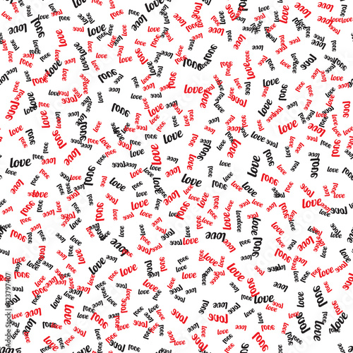Seamless pattern with the word Love written in black and red. Vector Illustration