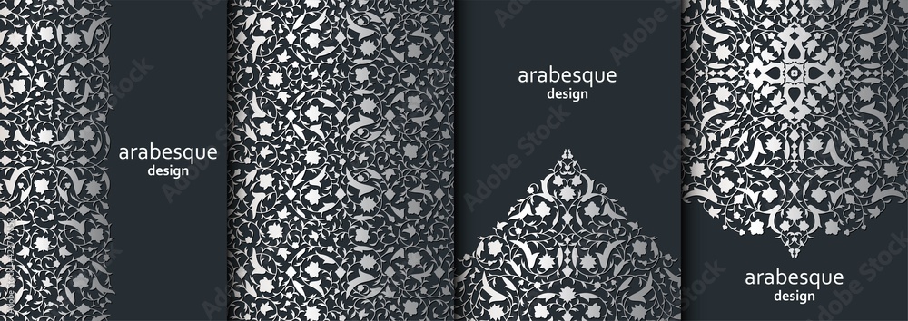 Set of vertical arabesque floral banners. Branches with flowers, leaves and petals - obrazy, fototapety, plakaty 