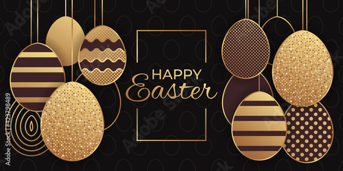 Greeting card for Easter celebrating with shining golden eggs on a black background.