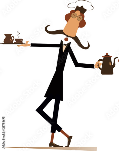 Long mustache comic cook flat illustration. 
Mustache cook carries a tray with coffee or tea cup and cream in one hand and a tea or coffee pot in another isolated on white illustration
