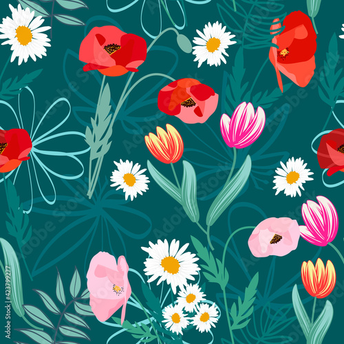 Seamless vector pattern of poppy  tulip and daisies flowers on dark background