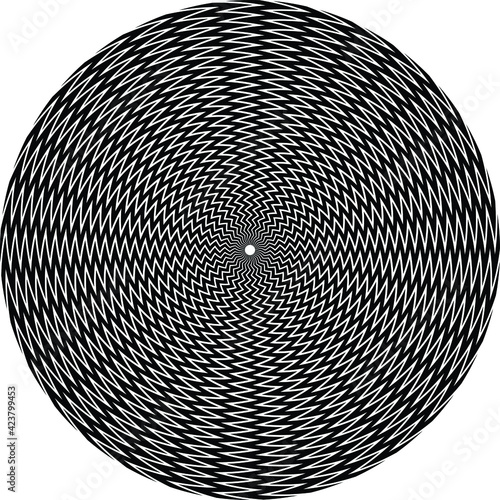  Black halftone dots in vortex form. Geometric art. Trendy design element.Circular and radial lines volute, helix.Segmented circle with rotation.Radiating arc lines.Cochlear