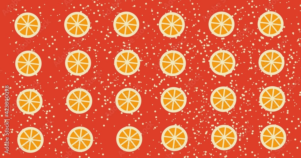 summer splash in retro style. Orange slices are spinning on an orange background. summer splash in retro style. Orange slices are spinning on an orange background.