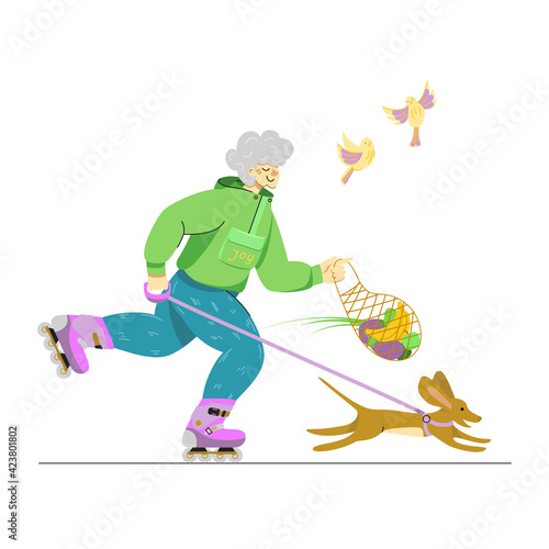 A vector image of an elderly happy lady rollerskating for her leisure time. Smiling senior woman on roller skates with a cute dog. Isolated character illustration on white background. Active ageing.
