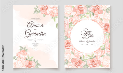  Elegant wedding invitation card with beautiful floral and leaves template Premium Vector