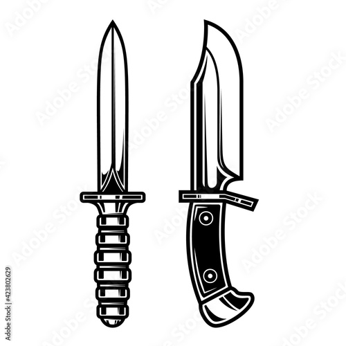 Illustration of combat knives. Design element for logo, label, sign, emblem, poster. Vector illustration
