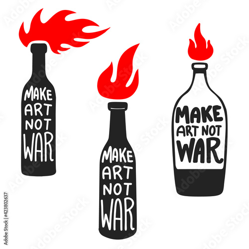 Illustration of bottle with molotov cocktail. Make art not war. Design element for logo, label, sign, emblem, poster. Vector illustration