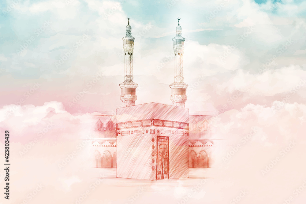 Naklejka premium Mecca, Saudi Arabia, Holy Kabah_Hand Drawn Sketch on Watercolor illustration