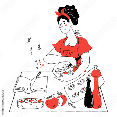 Woman preparing apple pie in her kitchen, hand drawn doodle style vector illustration isolated on white background. Cooking and food recipe book or culinary blog banner, hobby cooking.