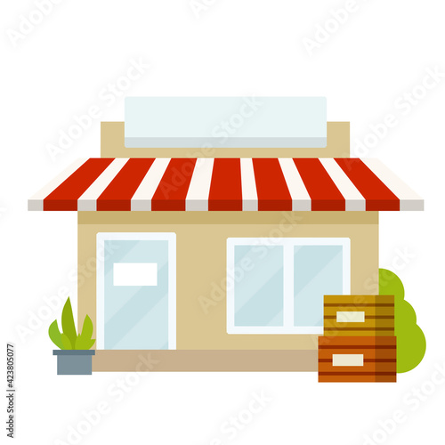 Small shop. Store with red roof. Food trade and supermarket.