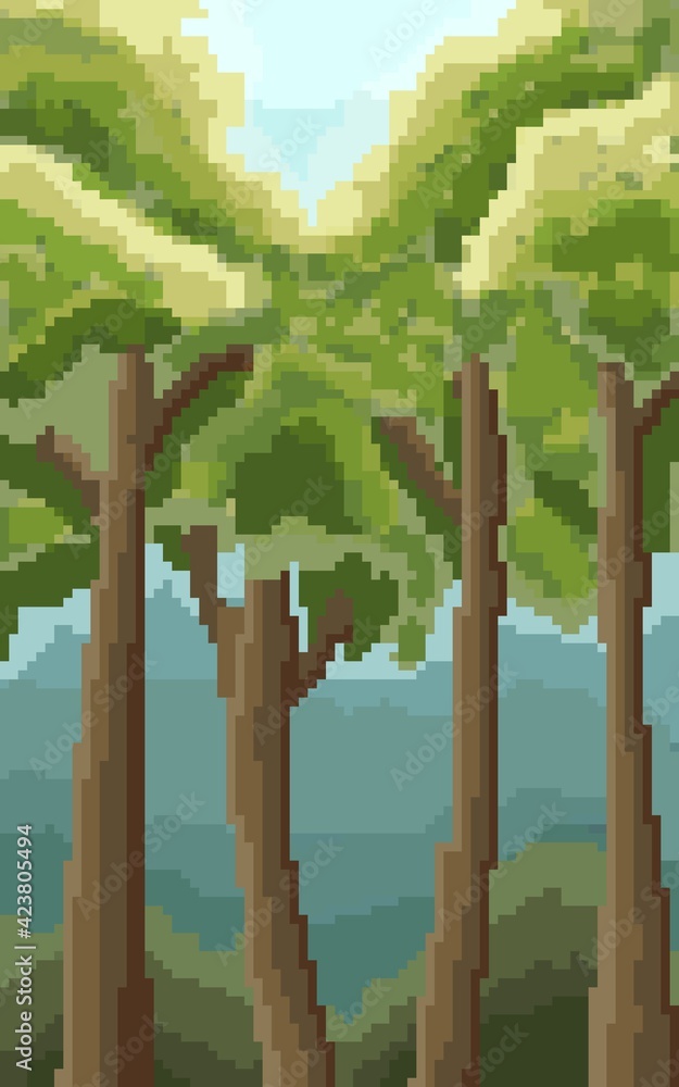Forest pixel art. Pixel background with forest for games and mobile  applications. Stock Illustration | Adobe Stock