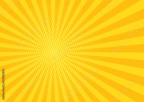 Pop art background. Comic cartoon texture with halftone and sunburst. Yellow starburst pattern. Retro effect with beams and dots. Vintage sunshine banner. Vector illustration.