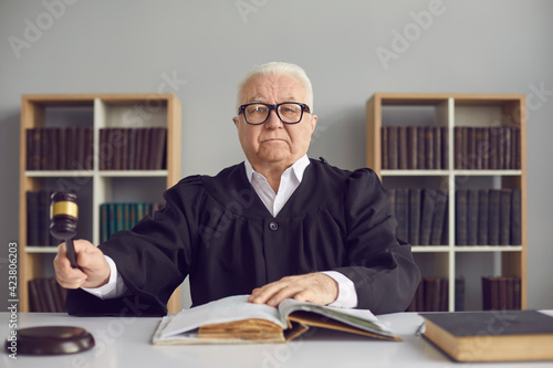 Slika na platnu Portrait of a stern mature judge knocking with a hammer passing sentence and announcing that the case will be closed