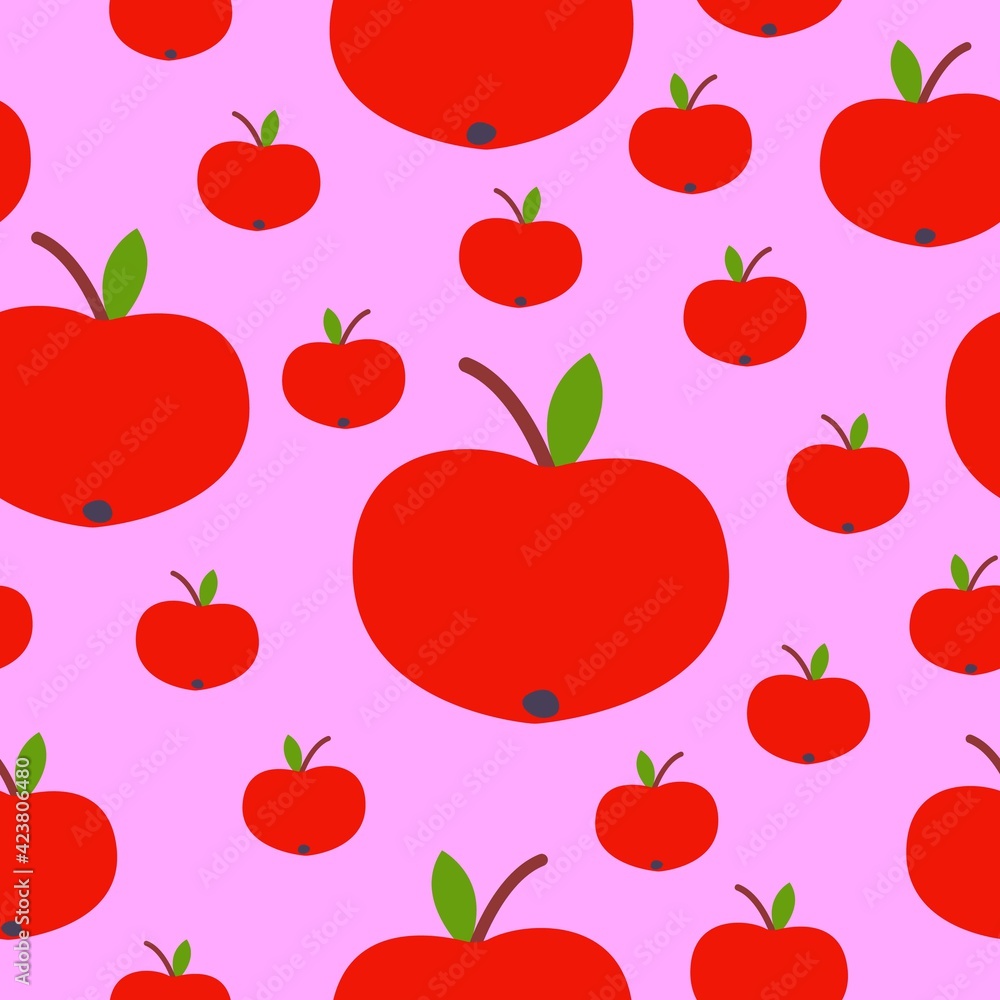 Seamless pattern. Red apple. Green leaf. Pink background. Vegan or vegetarian. Healthy lifestyle. Nature and ecology. Agriculture and gardening. Post cards, wallpaper, textile, wrapping paper, print Seamless pattern. Red apple. Green leaf. Pink background. Vegan or vegetarian. Healthy lifestyle. Nature and ecology. Agriculture and gardening. Post cards, wallpaper, textile, wrapping paper, print