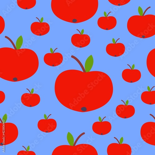 Seamless pattern. Red apple. Green leaf. Blue background. Vegan or vegetarian. Healthy lifestyle. Nature and ecology. Agriculture and gardening. Post cards, wallpaper, textile, wrapping paper, print