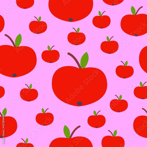Seamless pattern. Red apple. Green leaf. Pink background. Vegan or vegetarian. Healthy lifestyle. Nature and ecology. Agriculture and gardening. Post cards, wallpaper, textile, wrapping paper, print