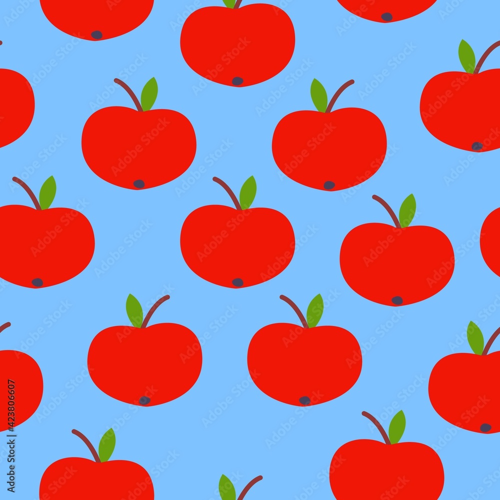Seamless pattern. Red apple. Green leaf. Blue background. Vegan or vegetarian. Healthy lifestyle. Nature and ecology. Agriculture and gardening. Post cards, wallpaper, textile, wrapping paper, print Seamless pattern. Red apple. Green leaf. Blue background. Vegan or vegetarian. Healthy lifestyle. Nature and ecology. Agriculture and gardening. Post cards, wallpaper, textile, wrapping paper, print