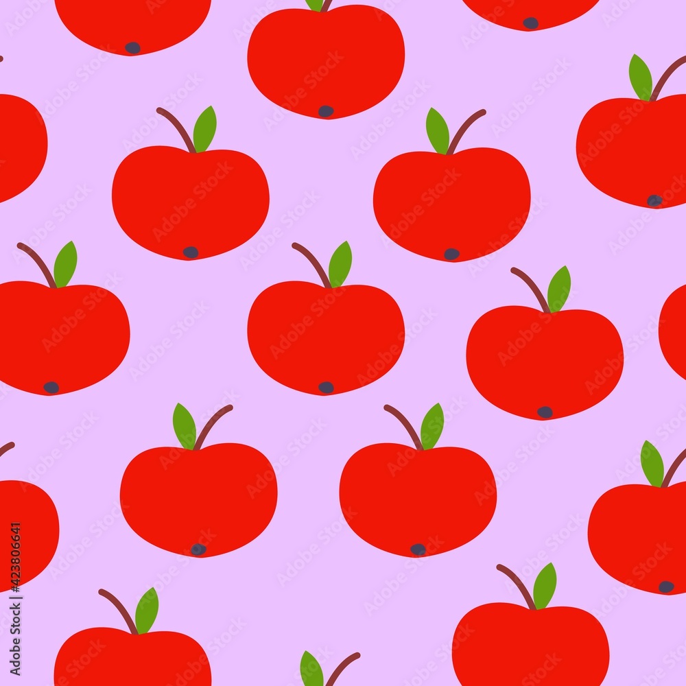 Seamless pattern. Red apple. Green leaf. Pink background. Vegan or vegetarian. Healthy lifestyle. Nature and ecology. Agriculture and gardening. Post cards, wallpaper, textile, wrapping paper, print Seamless pattern. Red apple. Green leaf. Pink background. Vegan or vegetarian. Healthy lifestyle. Nature and ecology. Agriculture and gardening. Post cards, wallpaper, textile, wrapping paper, print