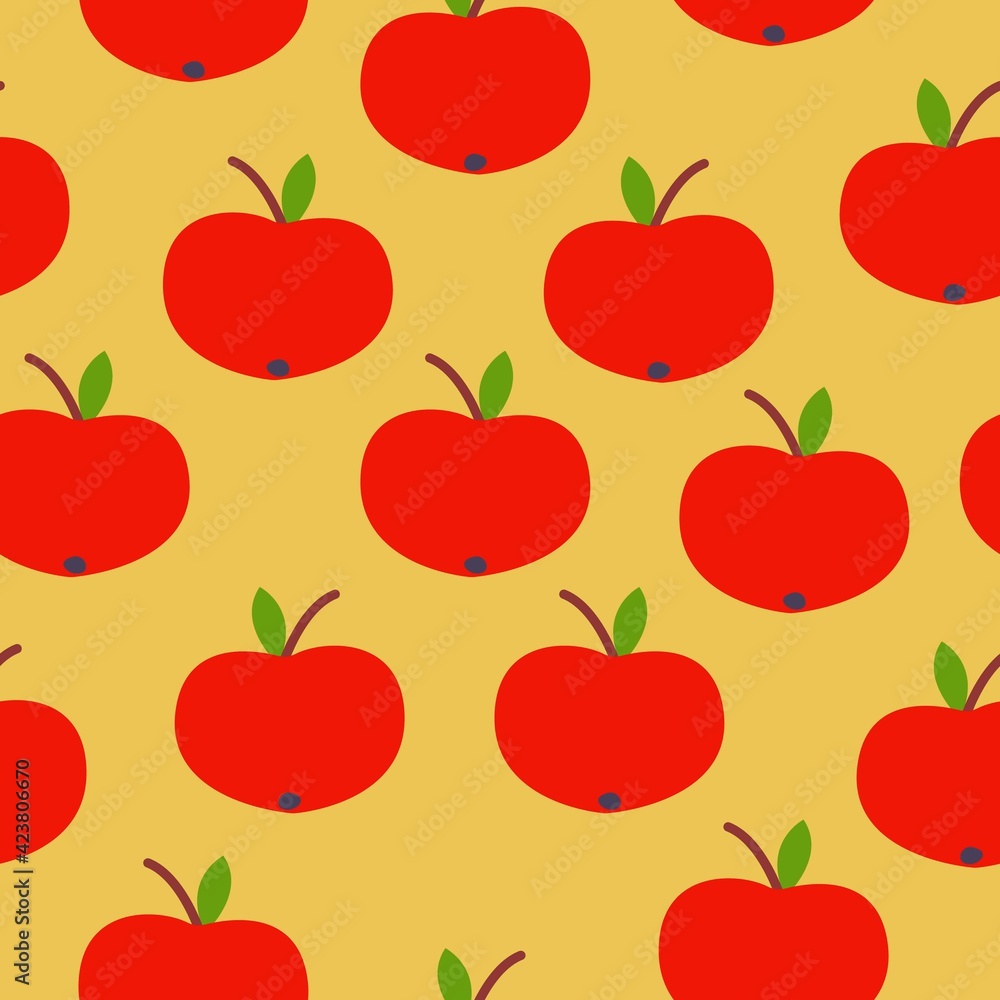 Seamless pattern. Red apple. Green leaf. Yellow background. Vegan or vegetarian. Healthy lifestyle. Nature and ecology. Agriculture and gardening. Post cards, wallpaper, textile, wrapping paper, print Seamless pattern. Red apple. Green leaf. Yellow background. Vegan or vegetarian. Healthy lifestyle. Nature and ecology. Agriculture and gardening. Post cards, wallpaper, textile, wrapping paper, print