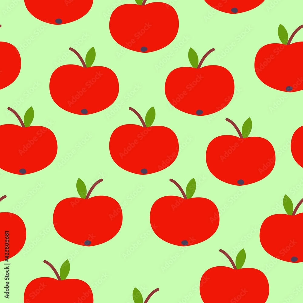 Seamless pattern. Red apple. Green leaf. Green background. Vegan or vegetarian. Healthy lifestyle. Nature and ecology. Agriculture and gardening. Post cards, wallpaper, textile, wrapping paper, print Seamless pattern. Red apple. Green leaf. Green background. Vegan or vegetarian. Healthy lifestyle. Nature and ecology. Agriculture and gardening. Post cards, wallpaper, textile, wrapping paper, print