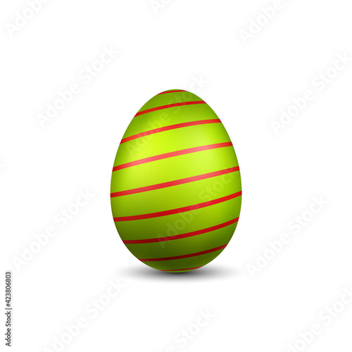 Easter egg 3D icon. Green red egg, isolated white background. Bright realistic design, decoration for Happy Easter celebration. Holiday element. Shiny pattern. Spring symbol. Vector illustration