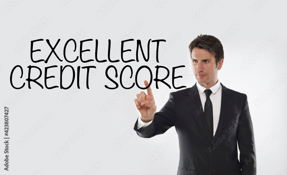 Man touching on a touchscreen with “excellent credit score” text Man touching on a touchscreen with “excellent credit score” text