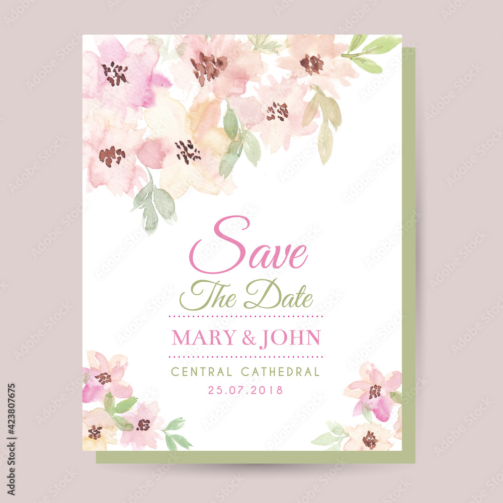 Watercolor floral wedding card. Wedding invitation cards with watercolor blooming flowers, save the date card.