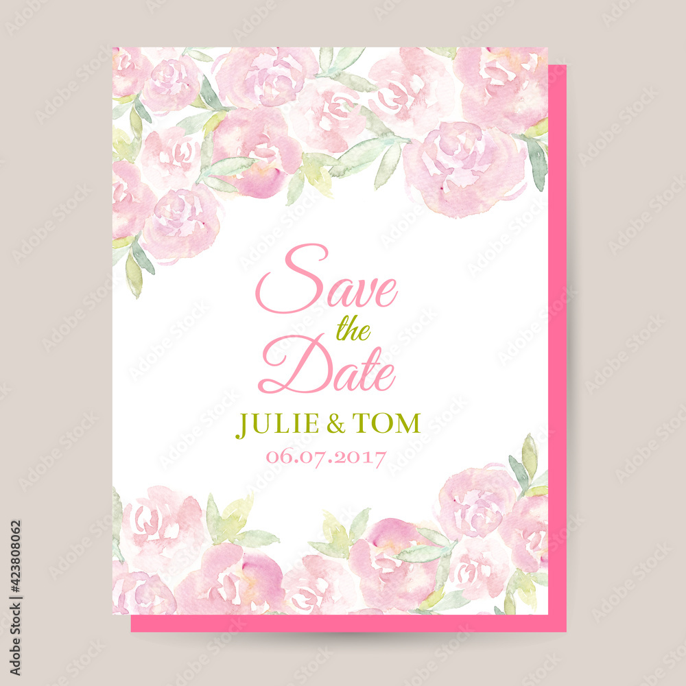 Watercolor roses wedding card. Wedding invitation cards with watercolor blooming rose, save the date card.