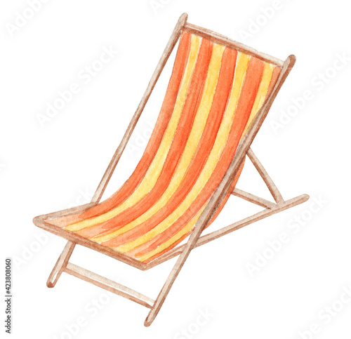 Billede på lærred Watercolor beach deck chair with red stripes isolated on white background