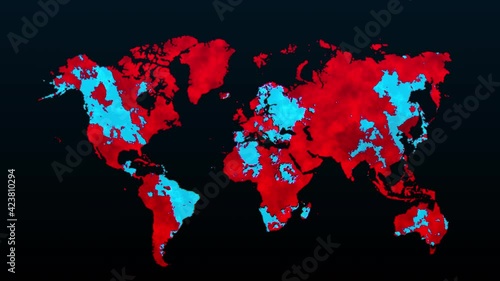 CGI motion graphic of blue light spreading on red world map. Covid-19 vaccination map concept. Curing contagious illness across world