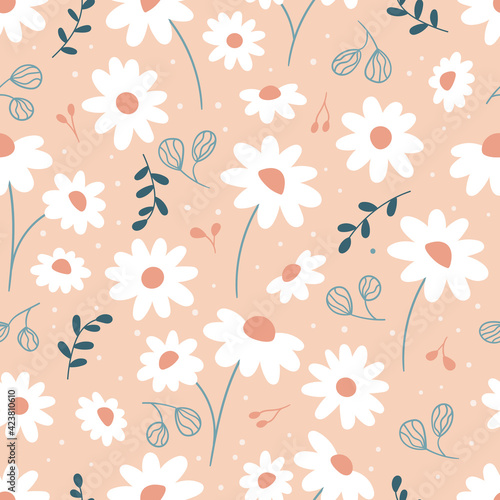 Seamless pattern with cute daisies. Hand drawn doodle chamomile flowers and abstract leaves. Vector illustration.
