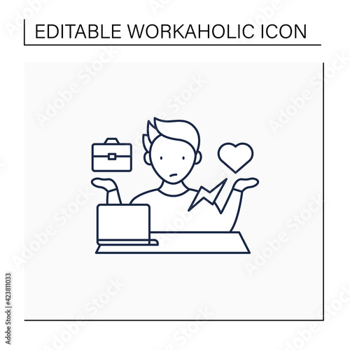 Workaholic line icon. Conflict between private life and work. Dilemma. Man at laptop.Overworking concept.Isolated vector illustration.Editable stroke