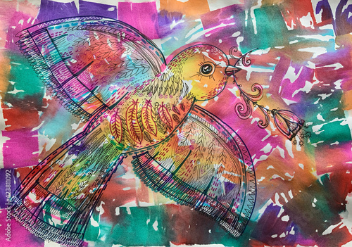 Bird drawn with colored pencils. Children's drawing.