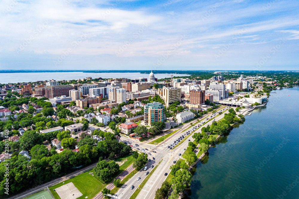 Aerial View of Madison, Wisconsin Isthmus and Wisconsin State Capital Building