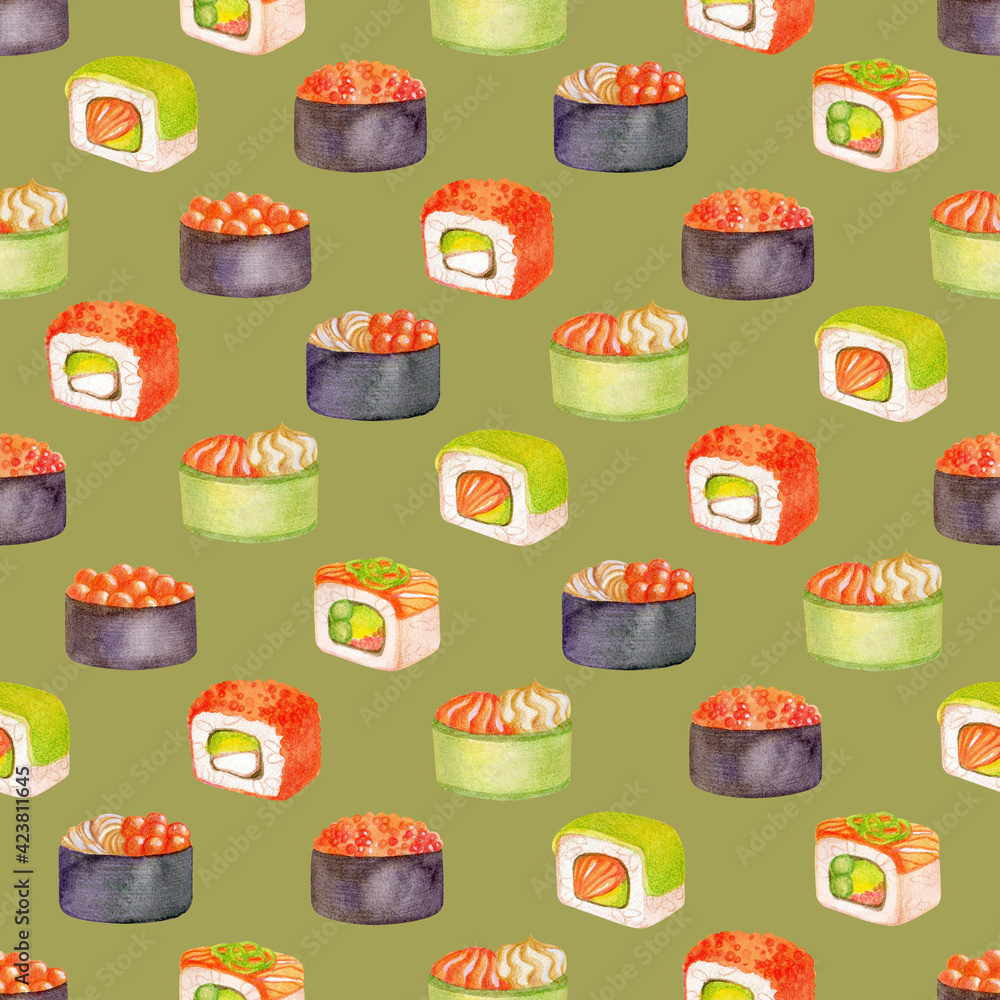 Seamless pattern with sushi drawn by watercolor on a green background. Pattern with different types of nigiri sushi. Illustration with delicious Japanese food. Seamless pattern with sushi drawn by watercolor on a green background. Pattern with different types of nigiri sushi. Illustration with delicious Japanese food.