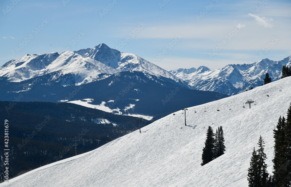 Freeriding zone at off-piste ski slope or at a groomed slope at Vail Ski resort, CO.