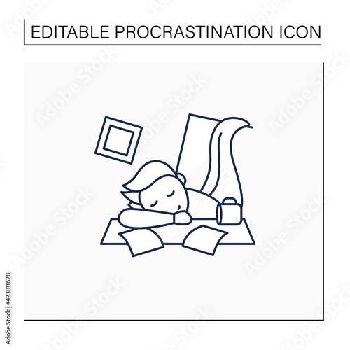 Mess line icon. Chaos in house. Laziness. Person sleep on desk. Procrastination concept. Isolated vector illustration.Editable stroke