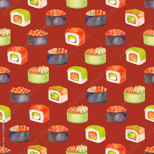 Seamless pattern with sushi drawn by watercolor on a burgundy background. Pattern with different types of nigiri sushi. Illustration with delicious Japanese food.