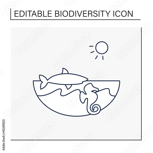 Marine line icon. Made up of the saltwater oceans. Living place for shark, seahorse etc. Underwater world. Seascape. Biodiversity concept. Isolated vector illustration.Editable stroke