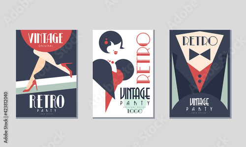 Retro Party Invitation Cards with Dinner Jacket and Legs in High Heeled Shoes Vector Set