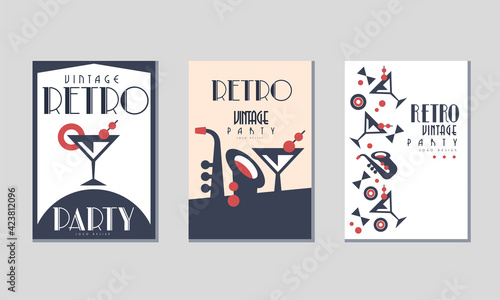 Retro Party Invitation Cards with Cocktail in Glass and Jazz Musical Instruments Vector Set