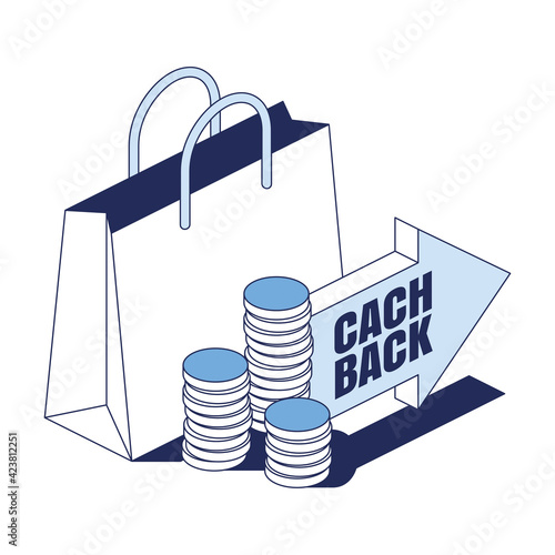 Buying cashback arrow, coins money. Vector 3d line isometric, color web icons, new flat style. Creative illustration, design idea for infographics.