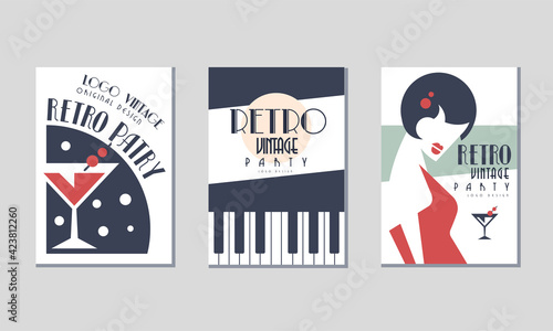 Retro Party Invitation Cards with Piano Keys and Cocktail Vector Set