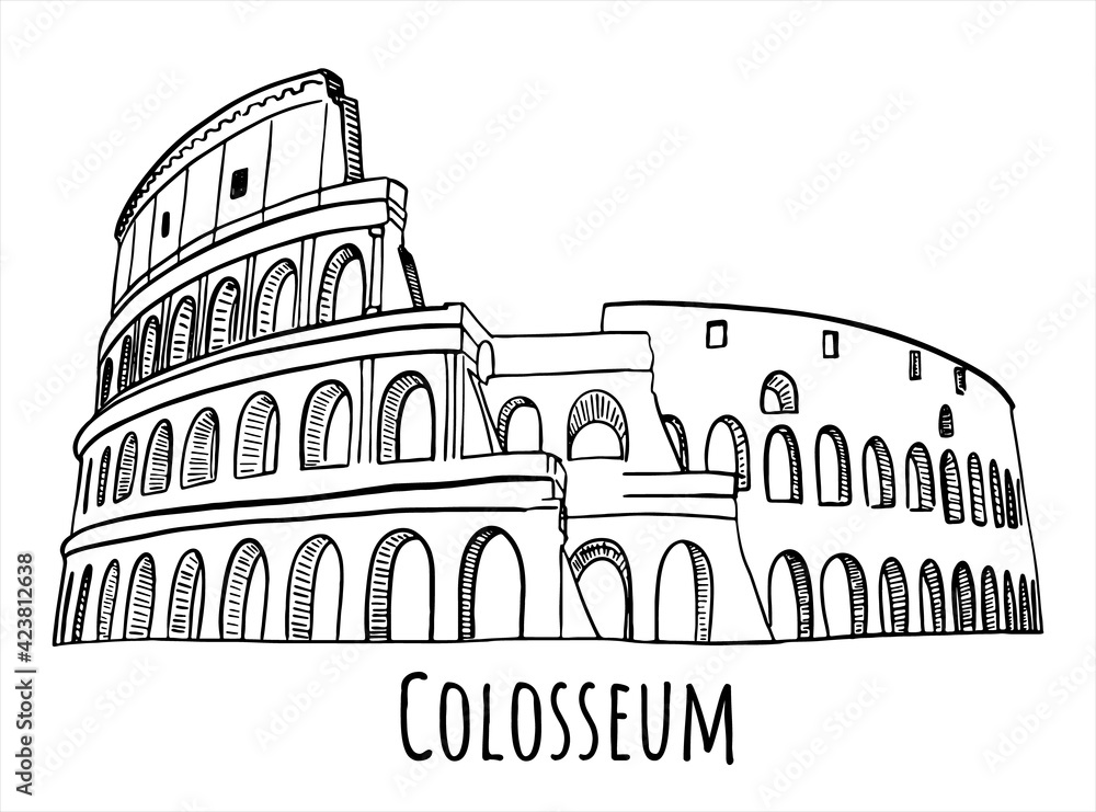 Colosseum digital hand drawn sketch. With Colosseum sign. Good for postcards. Vector isolated on white background