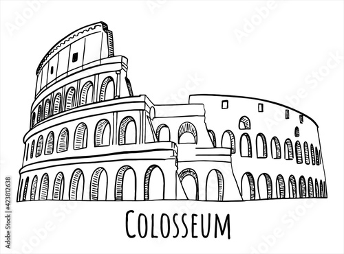 Colosseum digital hand drawn sketch. With Colosseum sign. Good for postcards. Vector isolated on white background