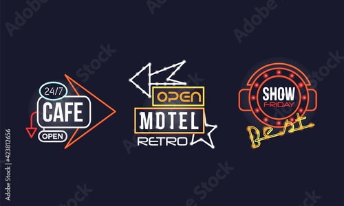 Colorful Glowing Neon Signboards and Retro Street Banners Vector Set
